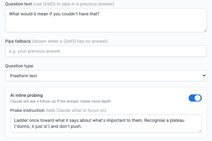 the per-question set up and context for a laddering question using Claude