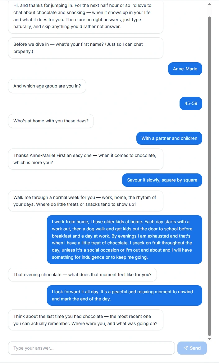 demo of the survey runner using AI-moderated laddering
